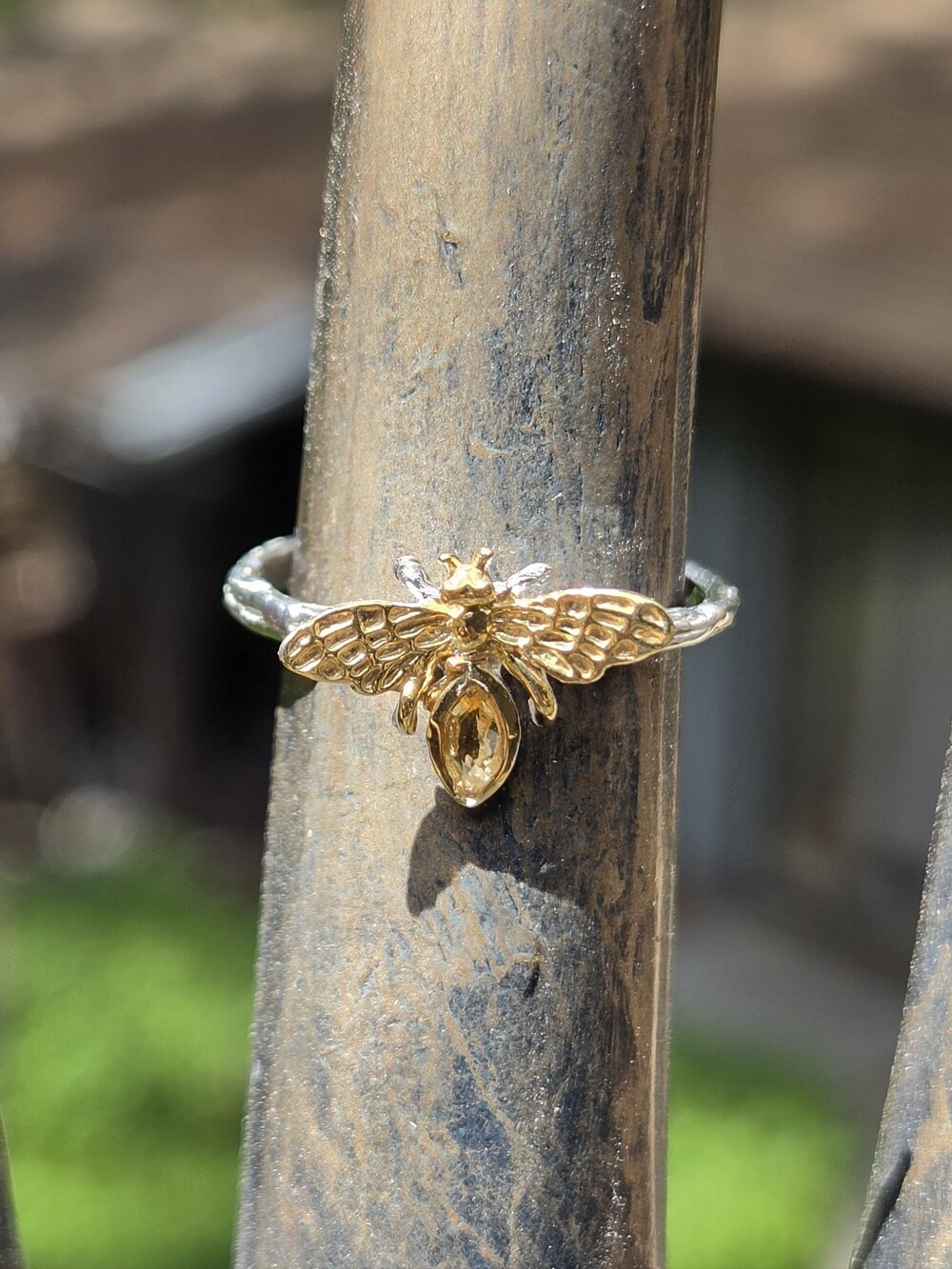 Citrine Natural Marquis Cut Sterling & Gold Bee Ring Sz6 - Picture 3 of 9